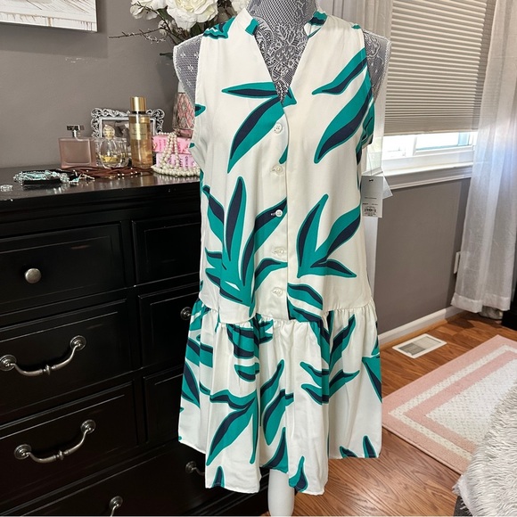 Nine West Tropical Green Leaf Sleeveless Ruffle Hem Mini Dress |Size Small (NWT) - Picture 2 of 12